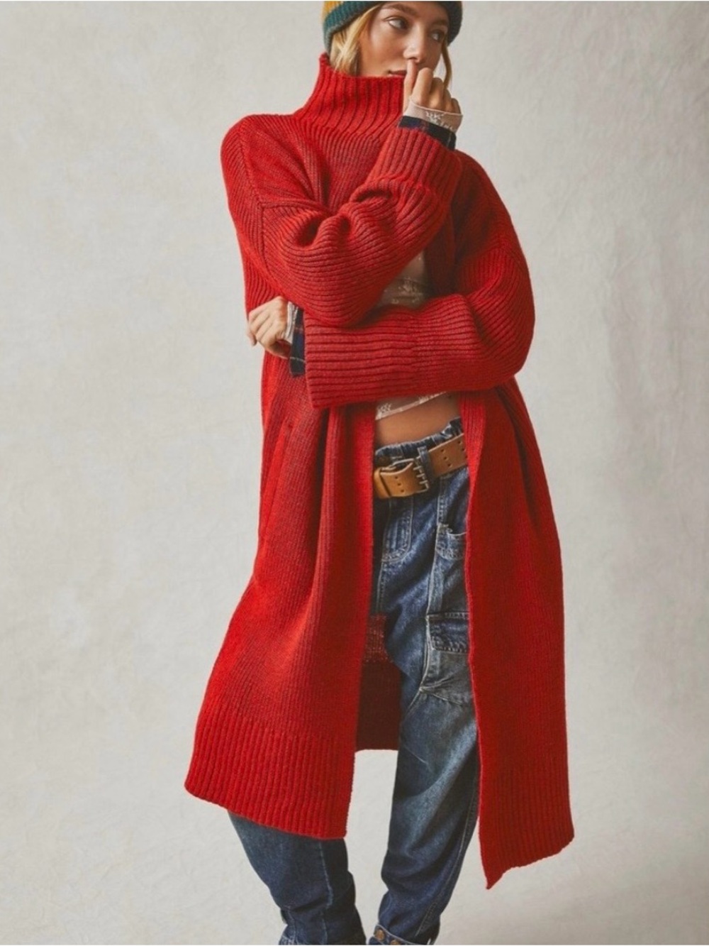 Free People Red Long Open-Front Knit Cardigan